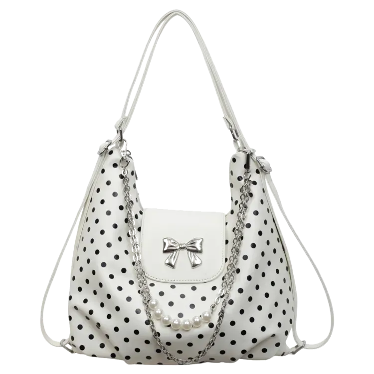 Tas Selempang Wanita Bahan PU Sintetis Motif Polkadot Bentuk Bulat Tali Panjang Resleting