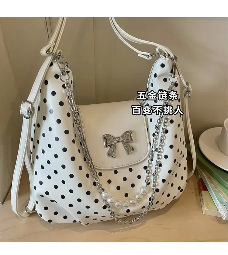 Tas Selempang Wanita Bahan PU Sintetis Motif Polkadot Bentuk Bulat Tali Panjang Resleting