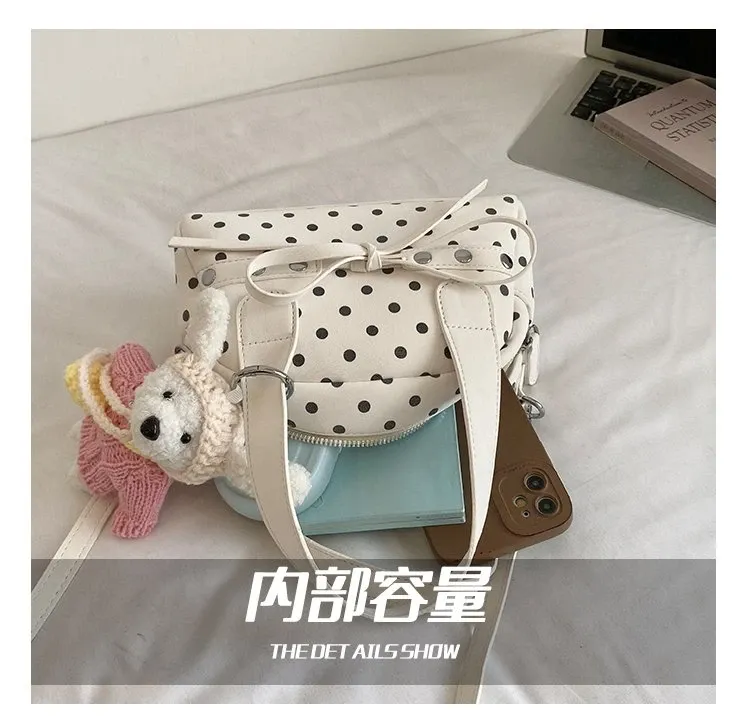 Tas Selempang Wanita Bahan PU Sintetis Motif Polkadot Warna Putih Bentuk Bulat Resleting