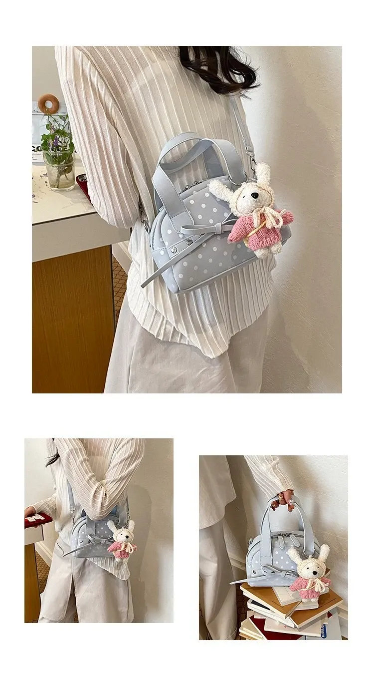 Tas Selempang Wanita Bahan PU Sintetis Motif Polkadot Warna Putih Bentuk Bulat Resleting