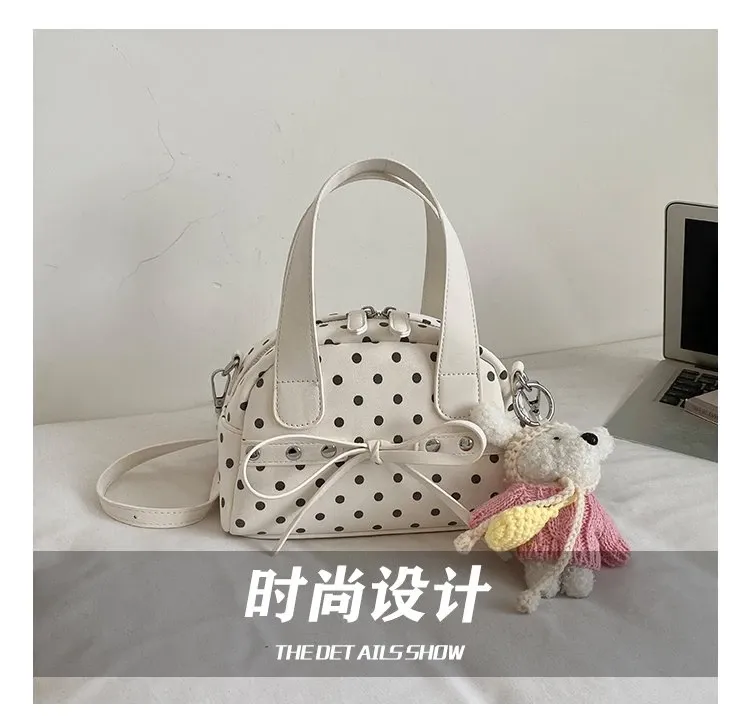 Tas Selempang Wanita Bahan PU Sintetis Motif Polkadot Warna Putih Bentuk Bulat Resleting