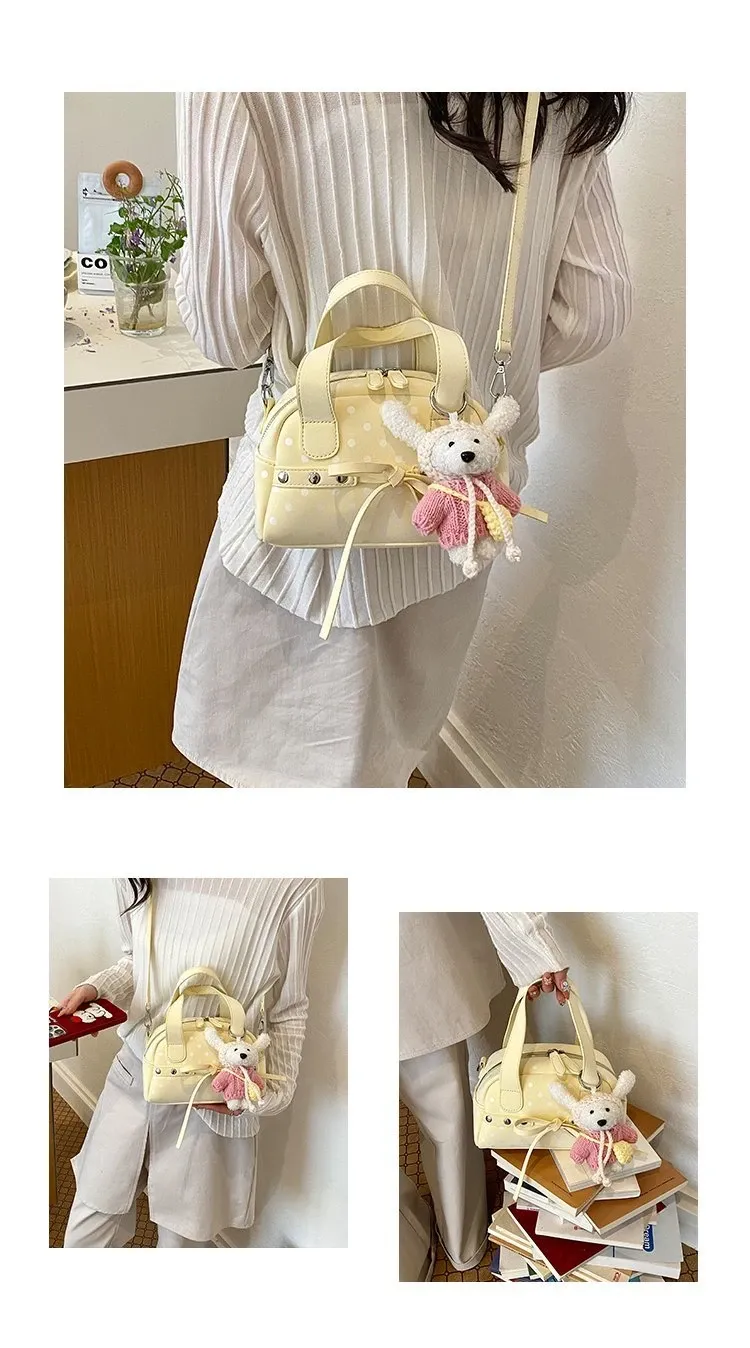 Tas Selempang Wanita Bahan PU Sintetis Motif Polkadot Warna Putih Bentuk Bulat Resleting