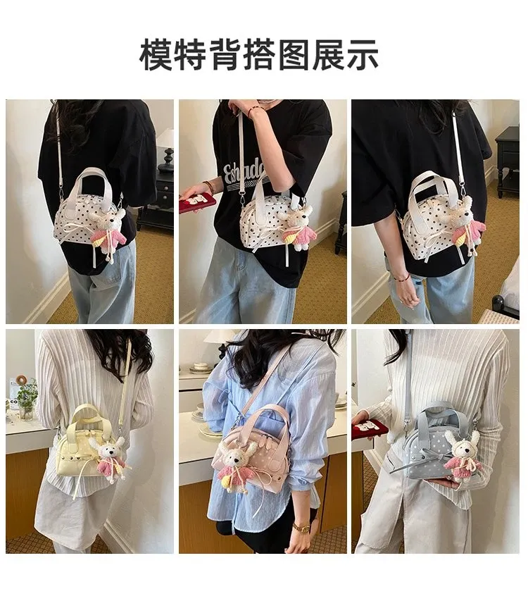 Tas Selempang Wanita Bahan PU Sintetis Motif Polkadot Warna Putih Bentuk Bulat Resleting