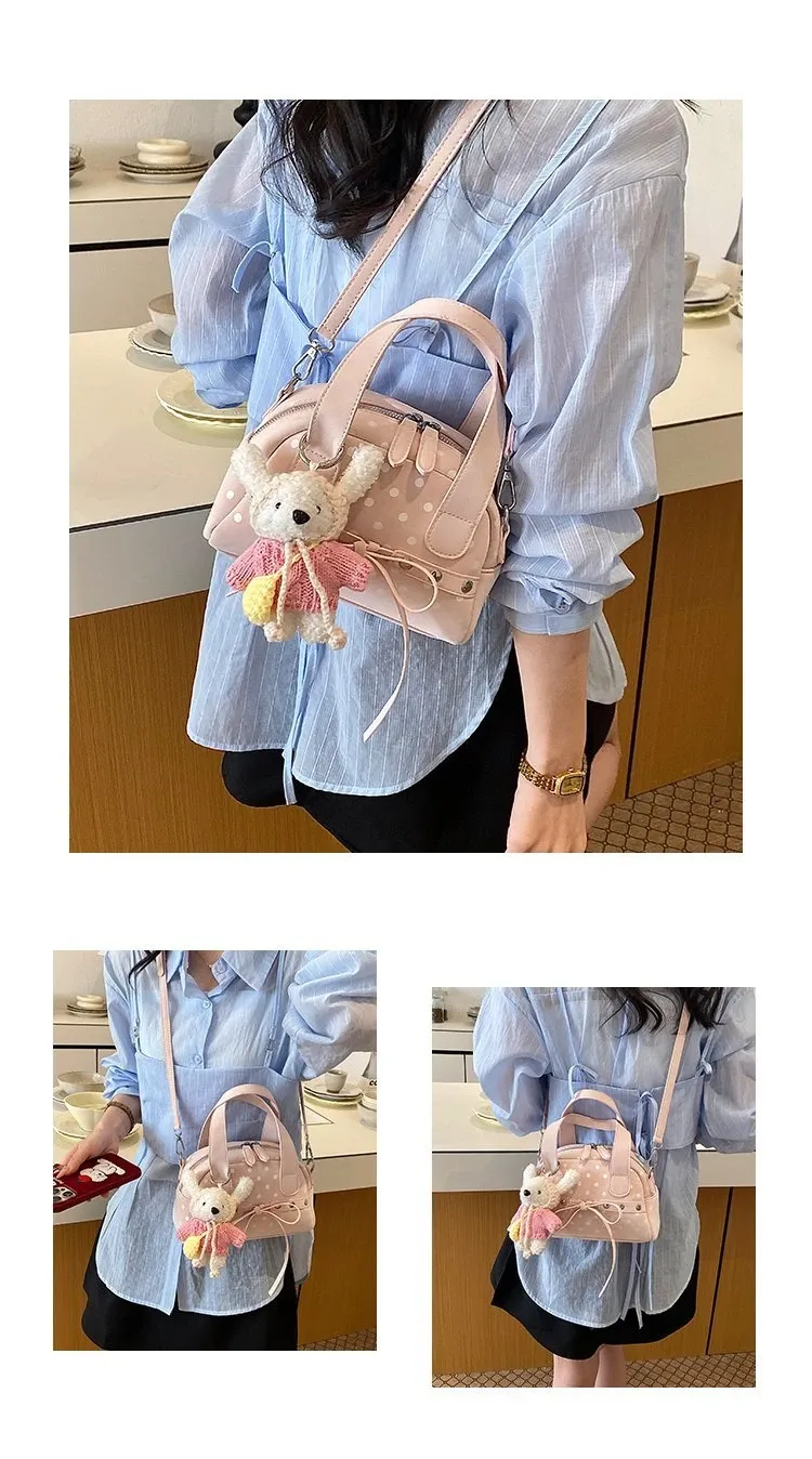Tas Selempang Wanita Bahan PU Sintetis Motif Polkadot Warna Putih Bentuk Bulat Resleting