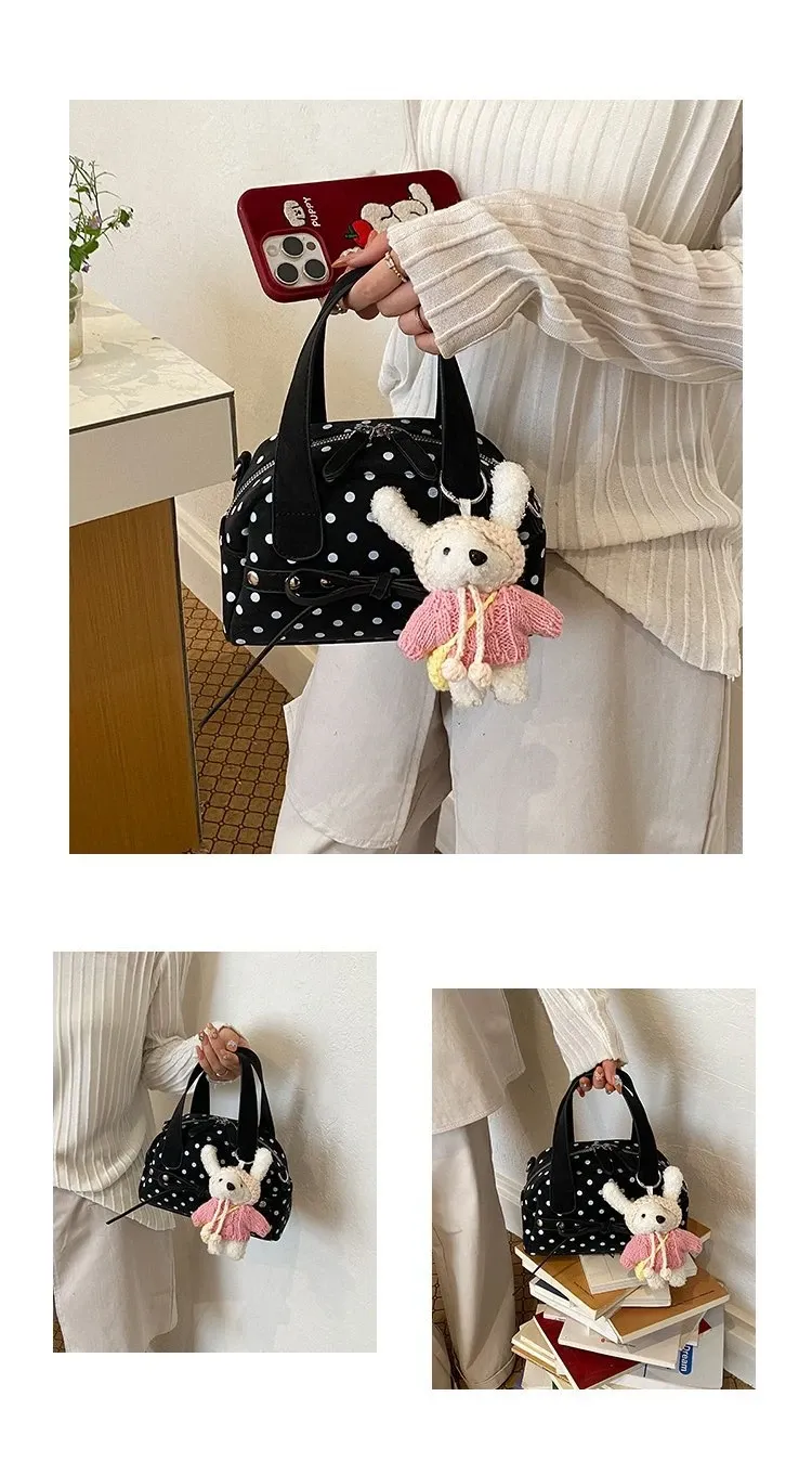 Tas Selempang Wanita Bahan PU Sintetis Motif Polkadot Warna Putih Bentuk Bulat Resleting