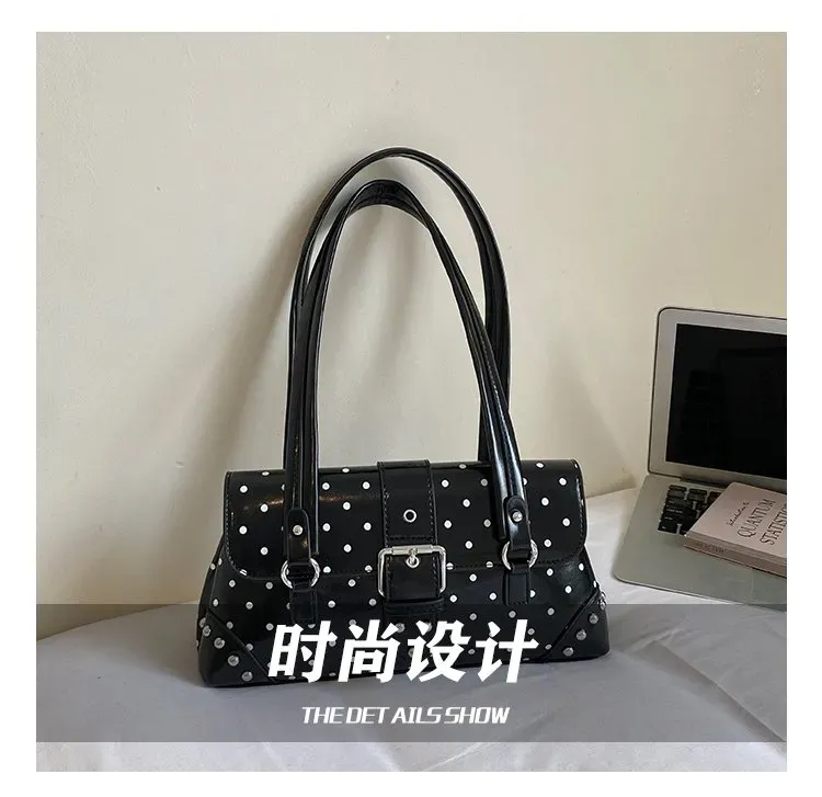 Tas Selempang Wanita Bahan PU Sintetis Motif Polkadot Warna Hitam Bentuk Kotak Model Minimalis