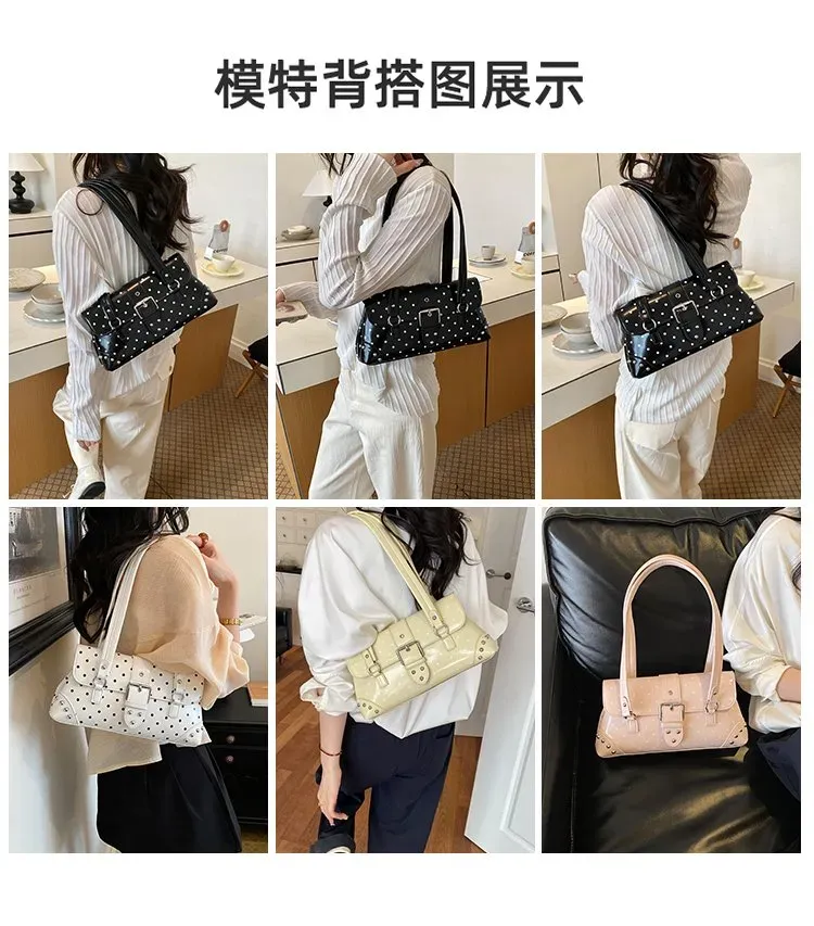 Tas Selempang Wanita Bahan PU Sintetis Motif Polkadot Warna Hitam Bentuk Kotak Model Minimalis