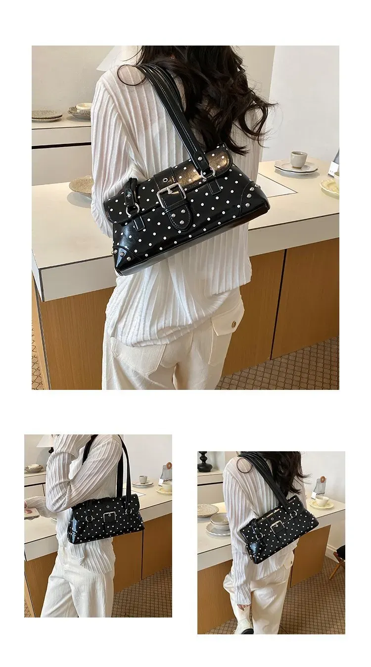 Tas Selempang Wanita Bahan PU Sintetis Motif Polkadot Warna Hitam Bentuk Kotak Model Minimalis