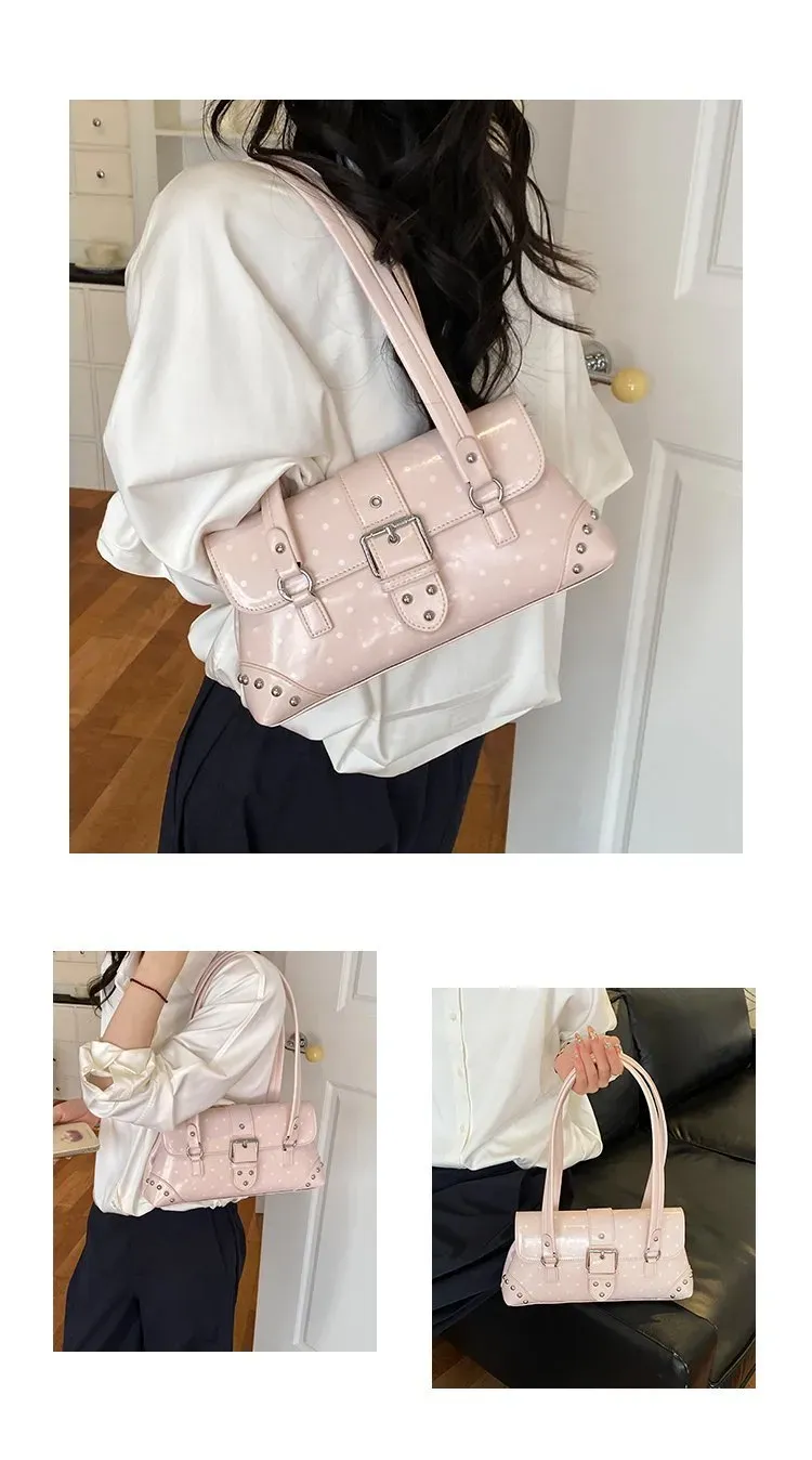 Tas Selempang Wanita Bahan PU Sintetis Motif Polkadot Warna Hitam Bentuk Kotak Model Minimalis