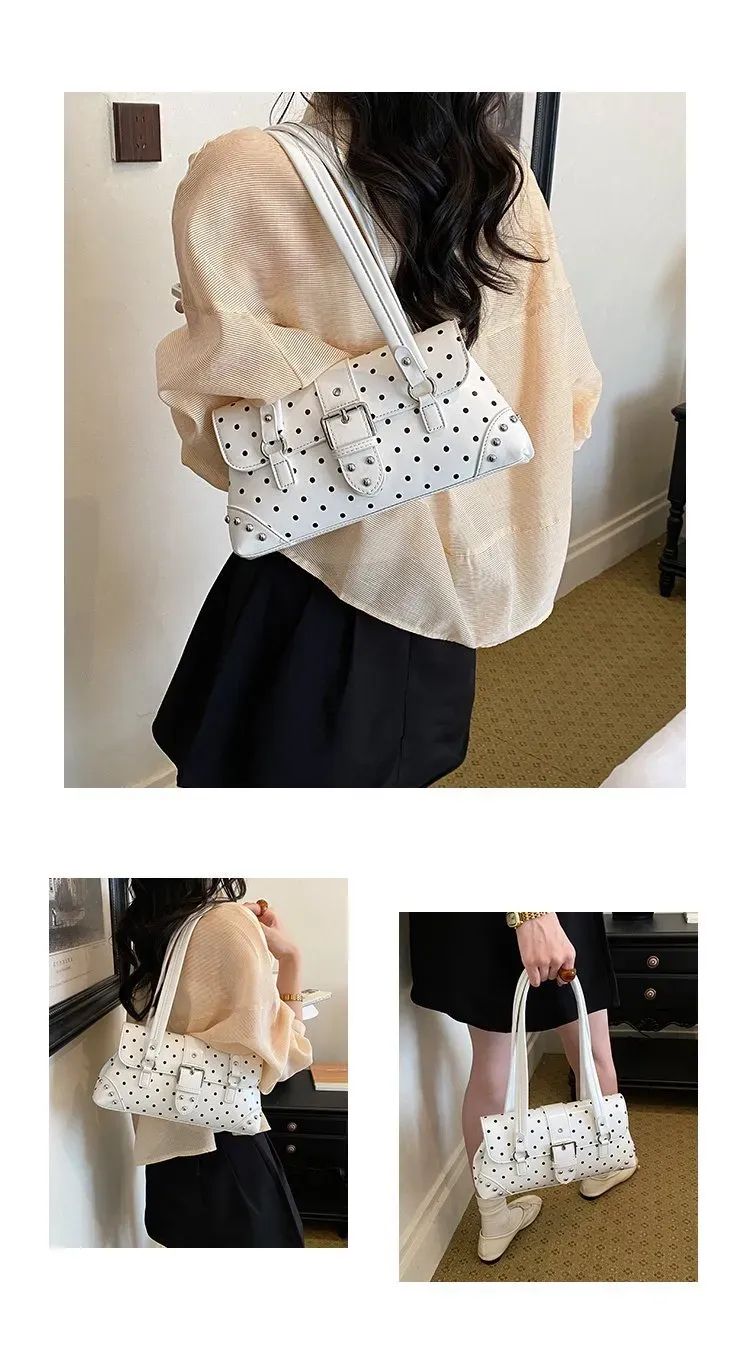Tas Selempang Wanita Bahan PU Sintetis Motif Polkadot Warna Hitam Bentuk Kotak Model Minimalis