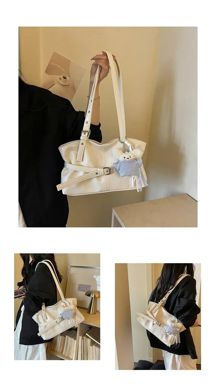 Tas Selempang Wanita Bahan PU Sintetis Polos Warna Putih Bentuk Kotak Tali Lebar Resleting