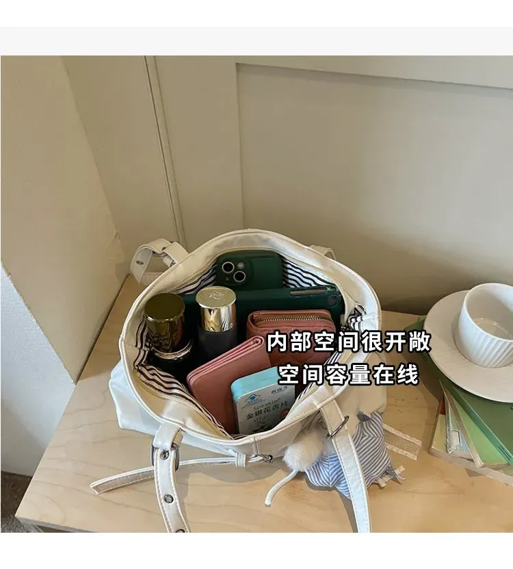 Tas Selempang Wanita Bahan PU Sintetis Polos Warna Putih Bentuk Kotak Tali Lebar Resleting