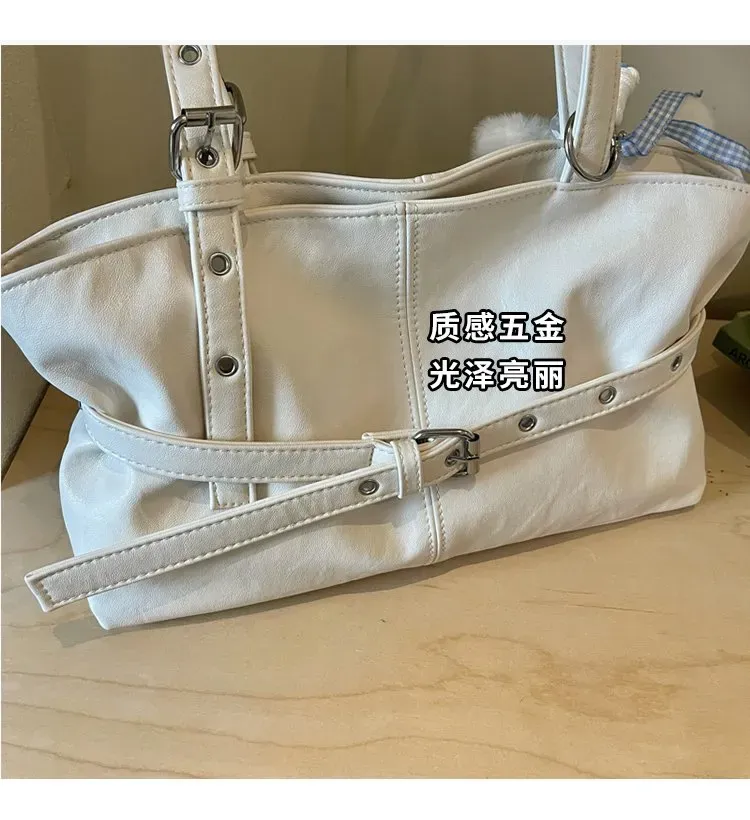 Tas Selempang Wanita Bahan PU Sintetis Polos Warna Putih Bentuk Kotak Tali Lebar Resleting