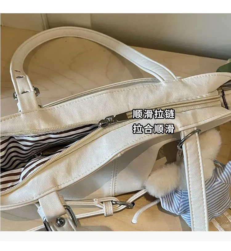 Tas Selempang Wanita Bahan PU Sintetis Polos Warna Putih Bentuk Kotak Tali Lebar Resleting