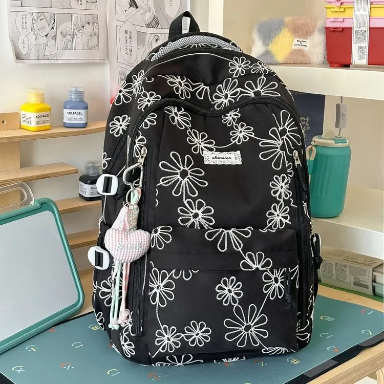 Tas Ransel Wanita Bahan Nylon Motif Floral Warna Biru Bentuk Kotak Tali Panjang Grosir Import