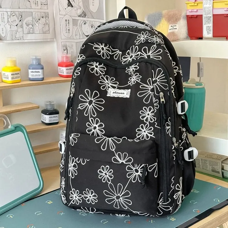 Tas Ransel Wanita Bahan Nylon Motif Floral Warna Biru Bentuk Kotak Tali Panjang Grosir Import
