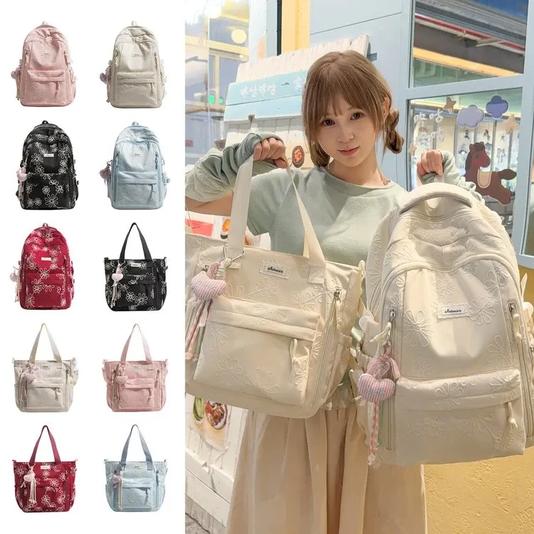 Tas Ransel Wanita Bahan Nylon Motif Floral Warna Biru Bentuk Kotak Tali Panjang Grosir Import