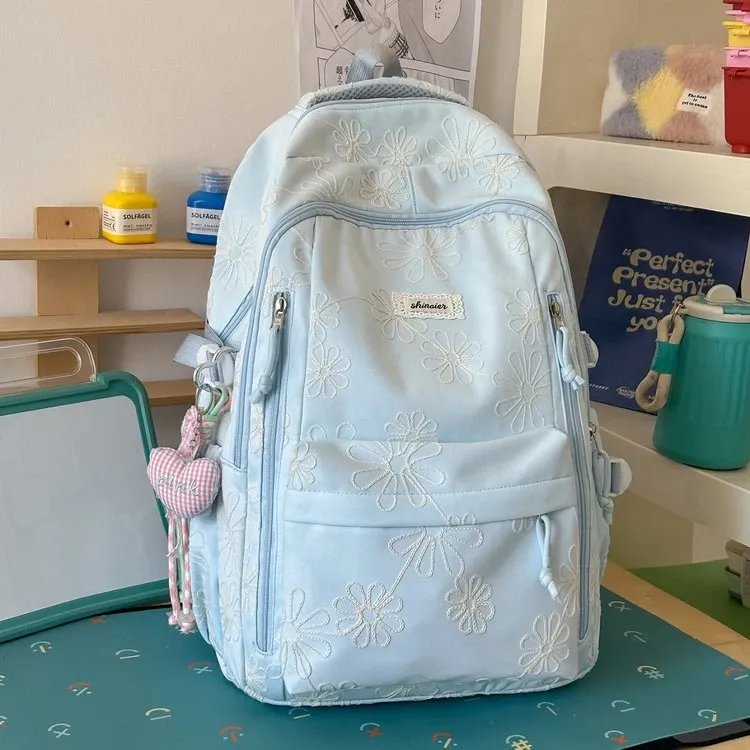 Tas Ransel Wanita Bahan Nylon Motif Floral Warna Biru Bentuk Kotak Tali Panjang Grosir Import