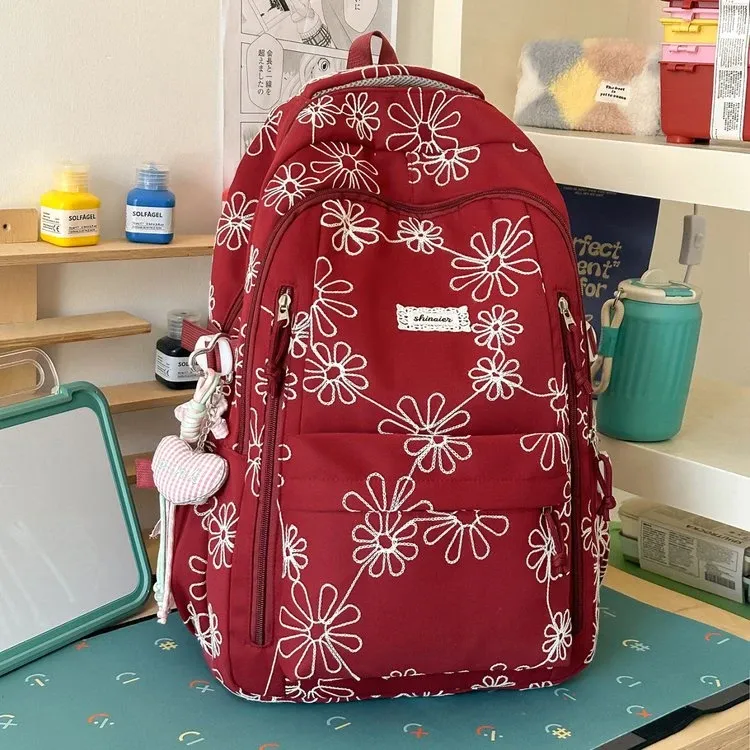 Tas Ransel Wanita Bahan Nylon Motif Floral Warna Biru Bentuk Kotak Tali Panjang Grosir Import