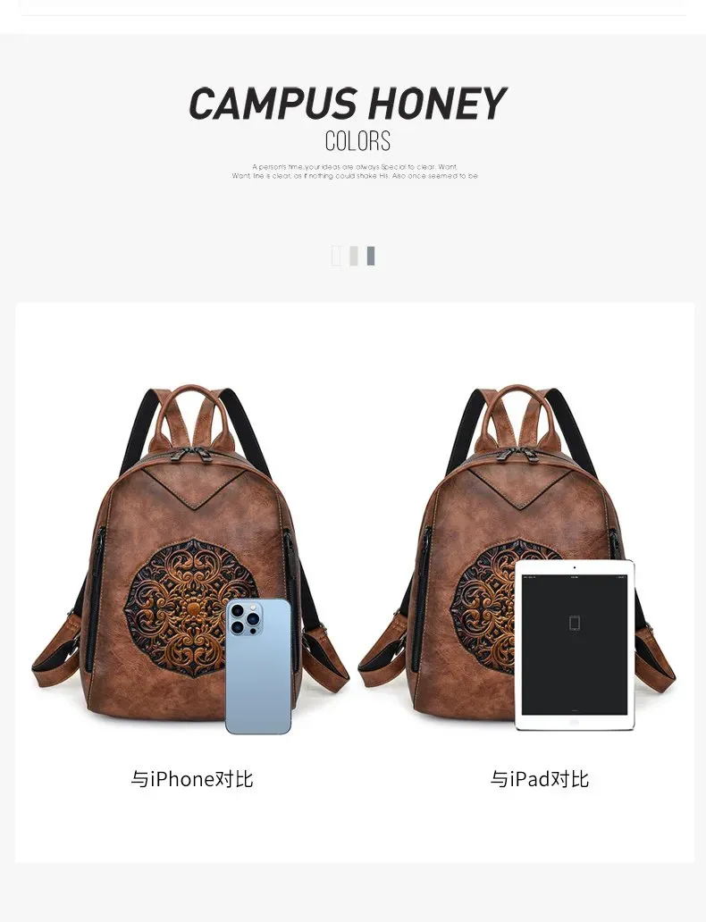 Tas Ransel Wanita Bahan PU Sintetis Motif Print Bentuk Kotak Tali Lebar Resleting Kapasitas