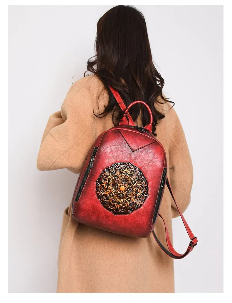 Tas Ransel Wanita Bahan PU Sintetis Motif Print Bentuk Kotak Tali Lebar Resleting Kapasitas