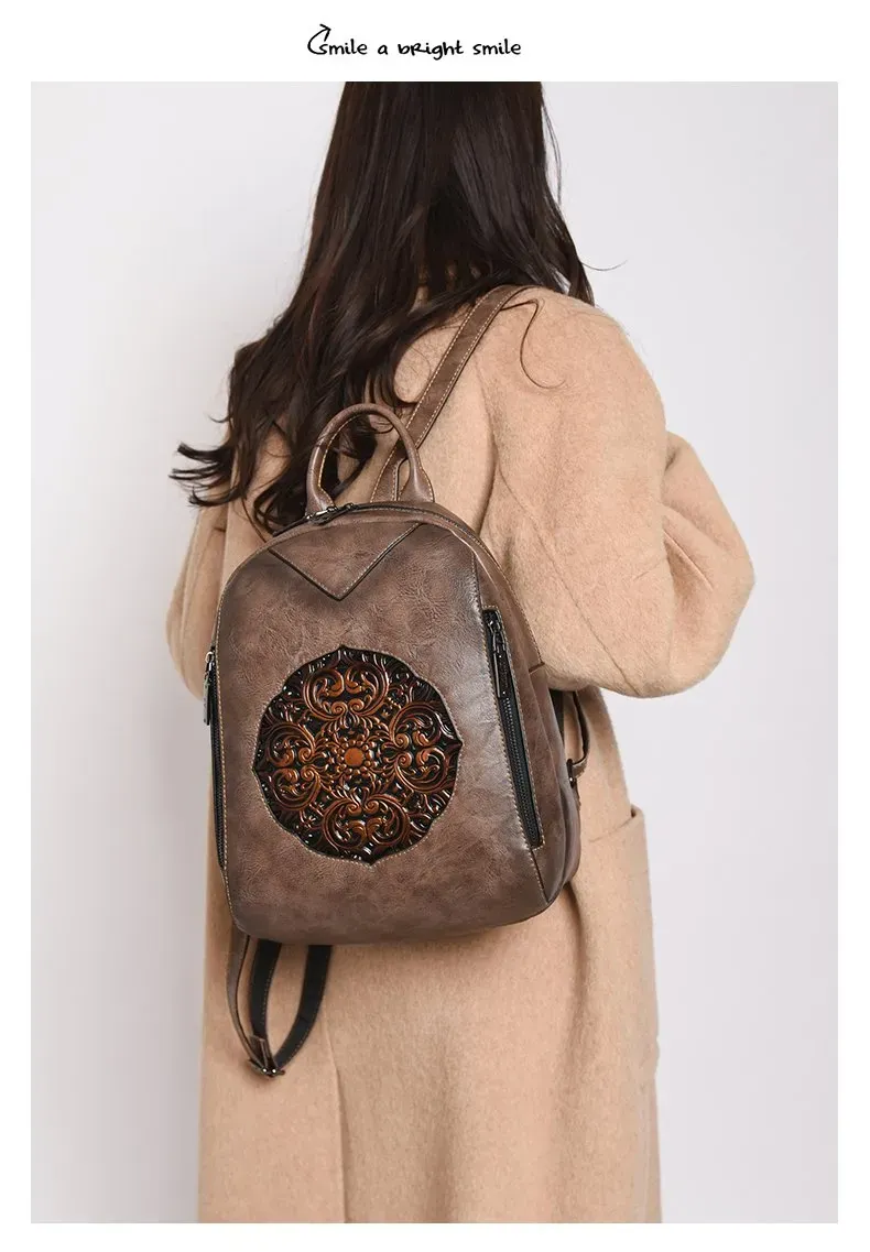 Tas Ransel Wanita Bahan PU Sintetis Motif Print Bentuk Kotak Tali Lebar Resleting Kapasitas