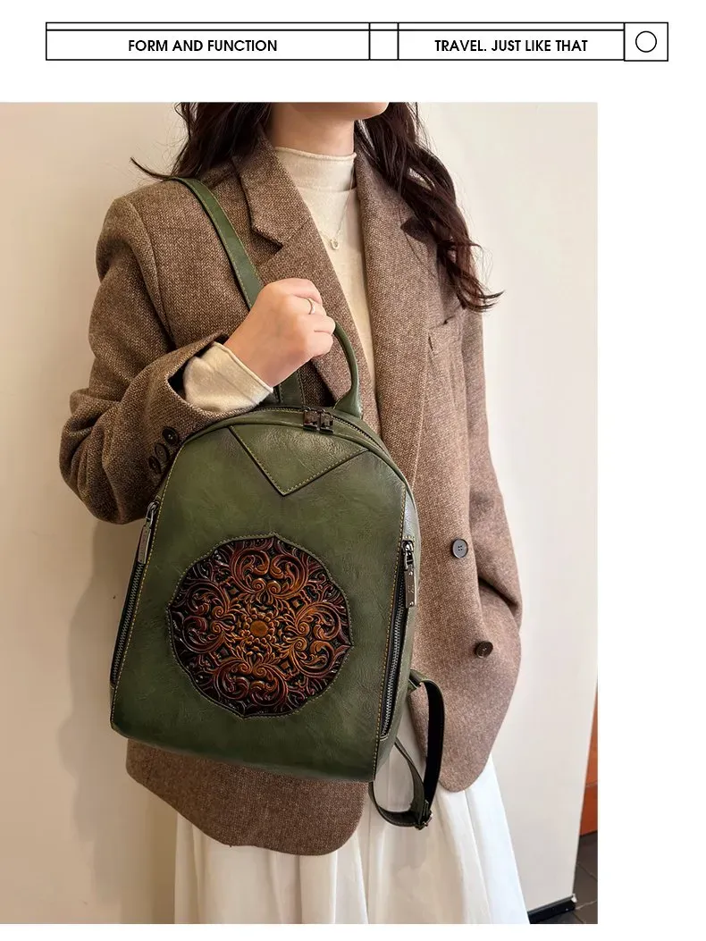 Tas Ransel Wanita Bahan PU Sintetis Motif Print Bentuk Kotak Tali Lebar Resleting Kapasitas