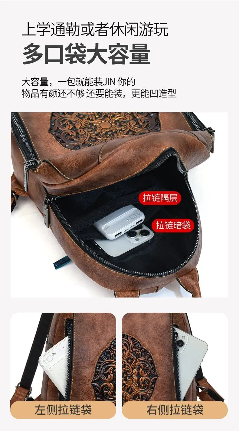 Tas Ransel Wanita Bahan PU Sintetis Motif Print Bentuk Kotak Tali Lebar Resleting Kapasitas