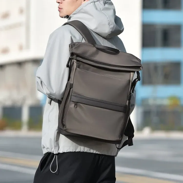 Tas Ransel Pria Bahan Nylon Polos Warna Hitam Bentuk Kotak Tali Lebar Resleting Motif Print