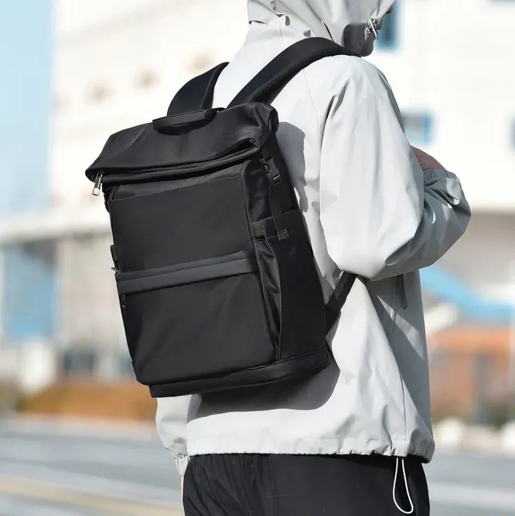 Tas Ransel Pria Bahan Nylon Polos Warna Hitam Bentuk Kotak Tali Lebar Resleting Motif Print
