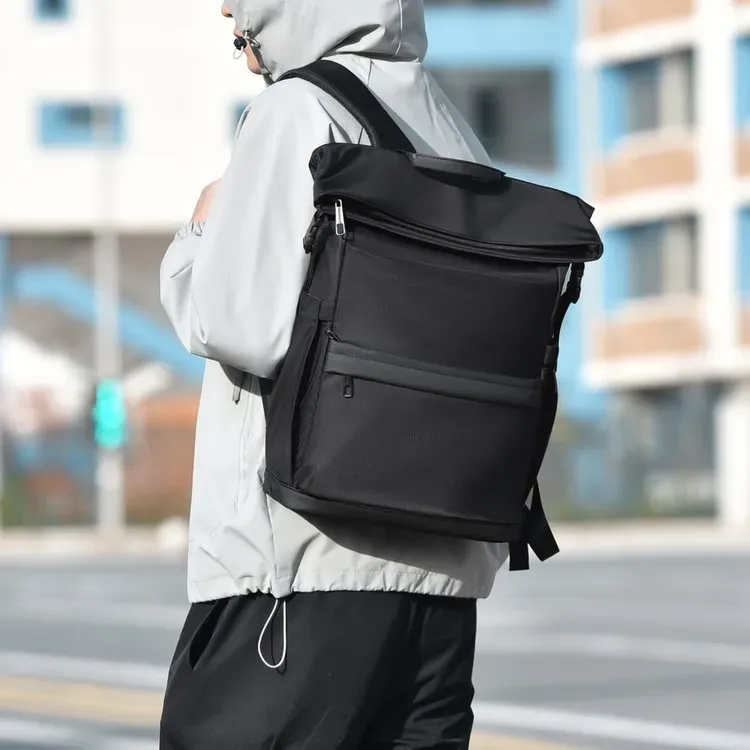 Tas Ransel Pria Bahan Nylon Polos Warna Hitam Bentuk Kotak Tali Lebar Resleting Motif Print