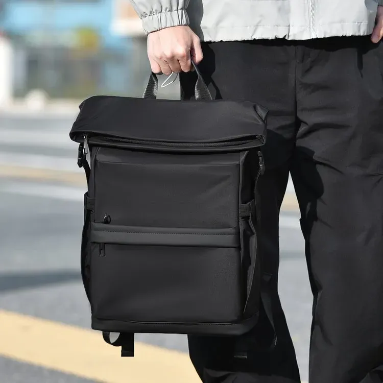 Tas Ransel Pria Bahan Nylon Polos Warna Hitam Bentuk Kotak Tali Lebar Resleting Motif Print