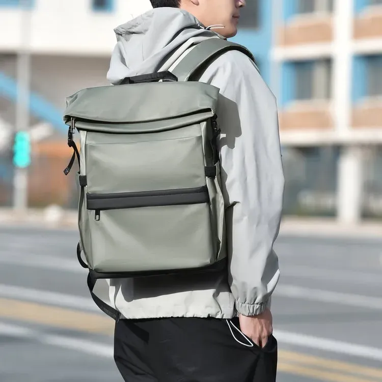 Tas Ransel Pria Bahan Nylon Polos Warna Hitam Bentuk Kotak Tali Lebar Resleting Motif Print