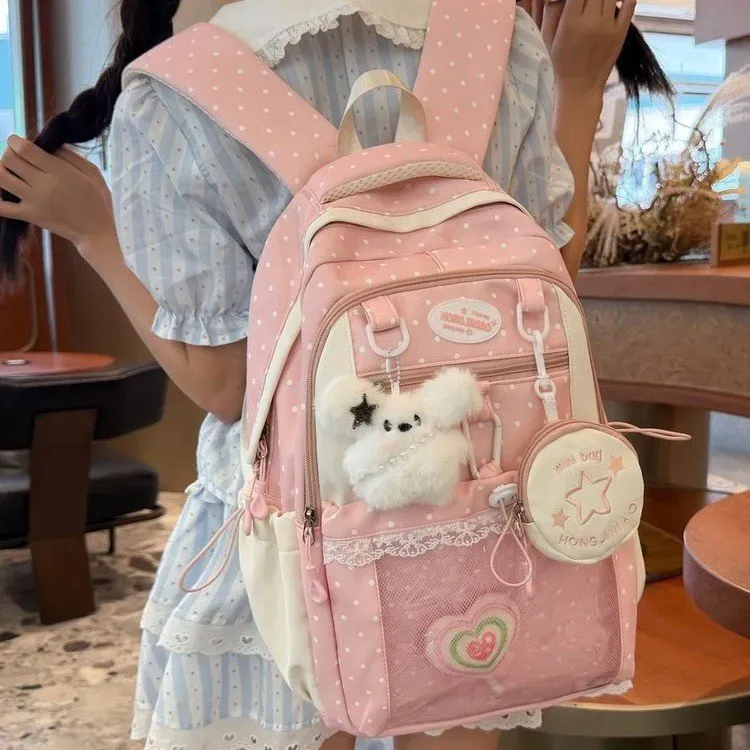 Tas Ransel Wanita Bahan Oxford Motif Polkadot Warna Putih Bentuk Kotak Tali Grosir Import