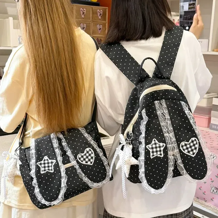 Tas Ransel Wanita Bahan Oxford Motif Polkadot Warna Putih Bentuk Kotak Tali Grosir Import