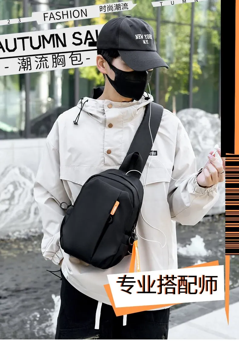 Tas Selempang Pria Bahan Nylon Polos Warna Hitam Bentuk Kotak Tali Lebar Dengan Gantungan