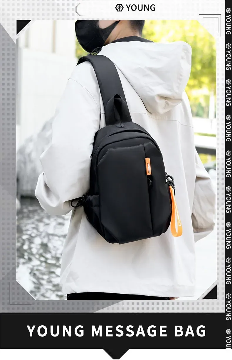 Tas Selempang Pria Bahan Nylon Polos Warna Hitam Bentuk Kotak Tali Lebar Dengan Gantungan