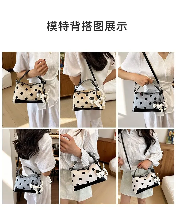 Tas Selempang Wanita Bahan PU Sintetis Motif Polkadot Warna Hitam Bentuk Kotak Resleting
