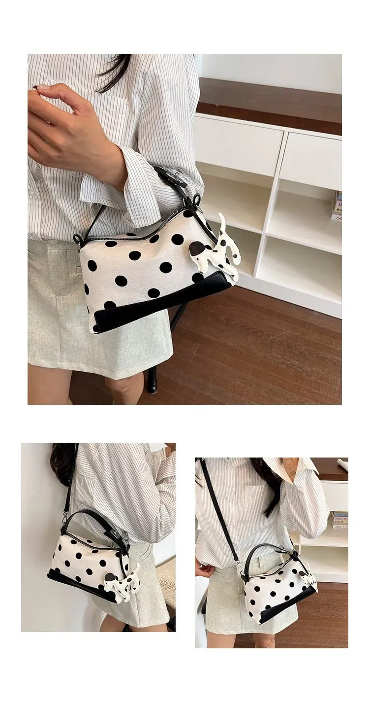 Tas Selempang Wanita Bahan PU Sintetis Motif Polkadot Warna Hitam Bentuk Kotak Resleting