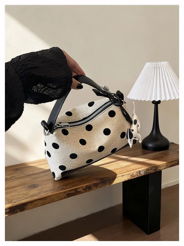 Tas Selempang Wanita Bahan PU Sintetis Motif Polkadot Warna Hitam Bentuk Kotak Resleting