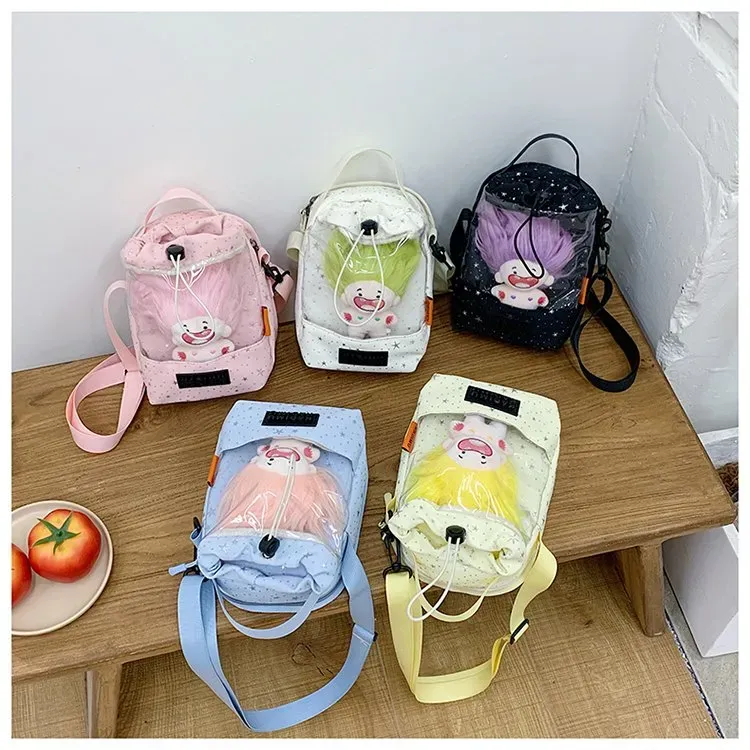 Tas Selempang Anak Bahan Kain Polos Warna Biru Bentuk Kotak Tali Panjang Dengan Gantungan