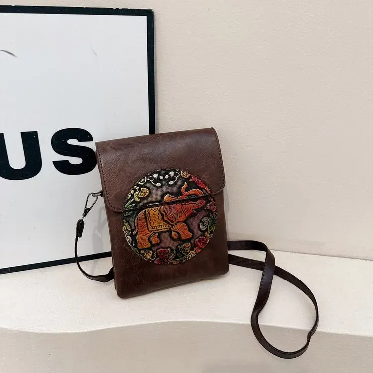 Tas Selempang Wanita Bahan PU Sintetis Motif Print Bentuk Kotak Tali Panjang Warna Cokelat