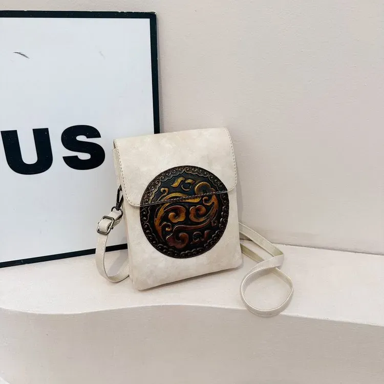 Tas Selempang Wanita Bahan PU Sintetis Motif Print Bentuk Kotak Tali Panjang Warna Cokelat