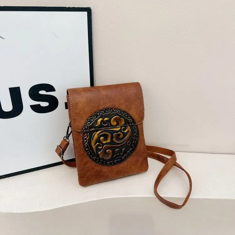 Tas Selempang Wanita Bahan PU Sintetis Motif Print Bentuk Kotak Tali Panjang Warna Cokelat kategori tas selempang grosir