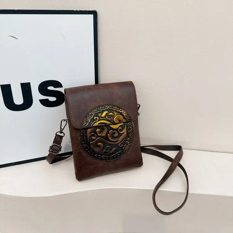 Tas Selempang Wanita Bahan PU Sintetis Motif Print Bentuk Kotak Tali Panjang Warna Cokelat