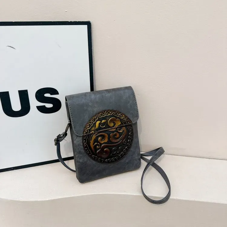Tas Selempang Wanita Bahan PU Sintetis Motif Print Bentuk Kotak Tali Panjang Warna Cokelat