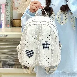 Tas Ransel Wanita Bahan PU Sintetis Motif Polkadot Warna Putih Bentuk Kotak Tali Stok Grosir