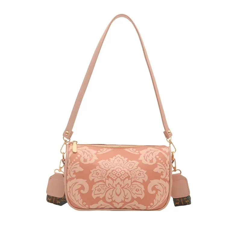 Tas Selempang Wanita Bahan PU Sintetis Motif Floral Warna Pink Bentuk Kotak Tali Grosir Import