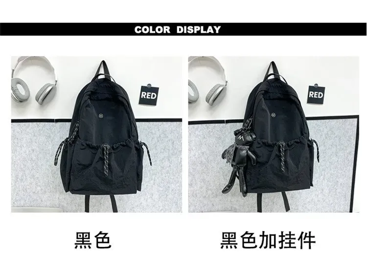 Tas Ransel Wanita Bahan Nylon Polos Warna Hitam Bentuk Kotak Tali Panjang Grosir Import