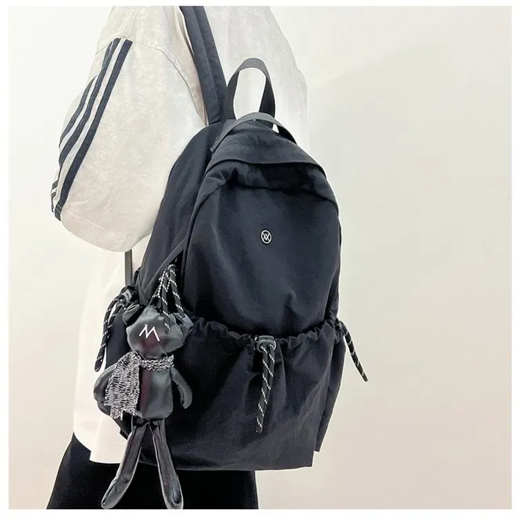 Tas Ransel Wanita Bahan Nylon Polos Warna Hitam Bentuk Kotak Tali Panjang Grosir Import